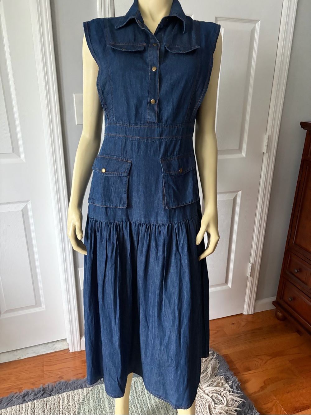 Us Together Sleeveless Dark Blue Denim Midi Dress with Button Front/ Side M